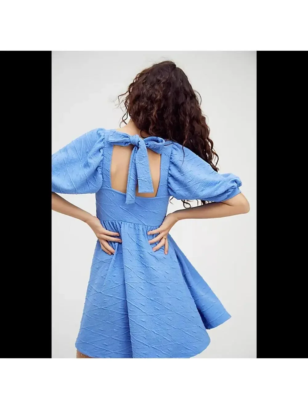 Free People Blue Mini Dress M Puff Sleeve Textured Open Back Tie - Picture 2 of 8